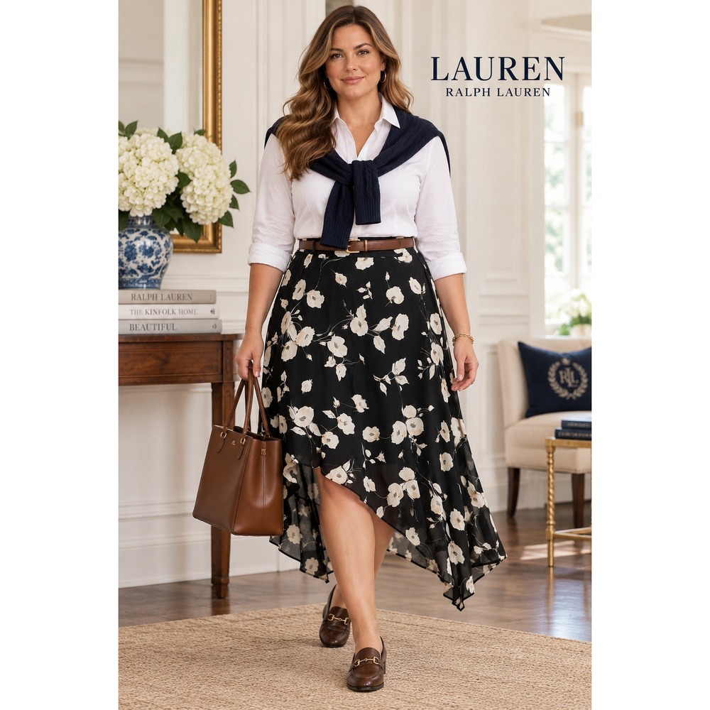 Lauren Ralph Lauren 2X Black Floral Georgette Handkerchief Hem Skir